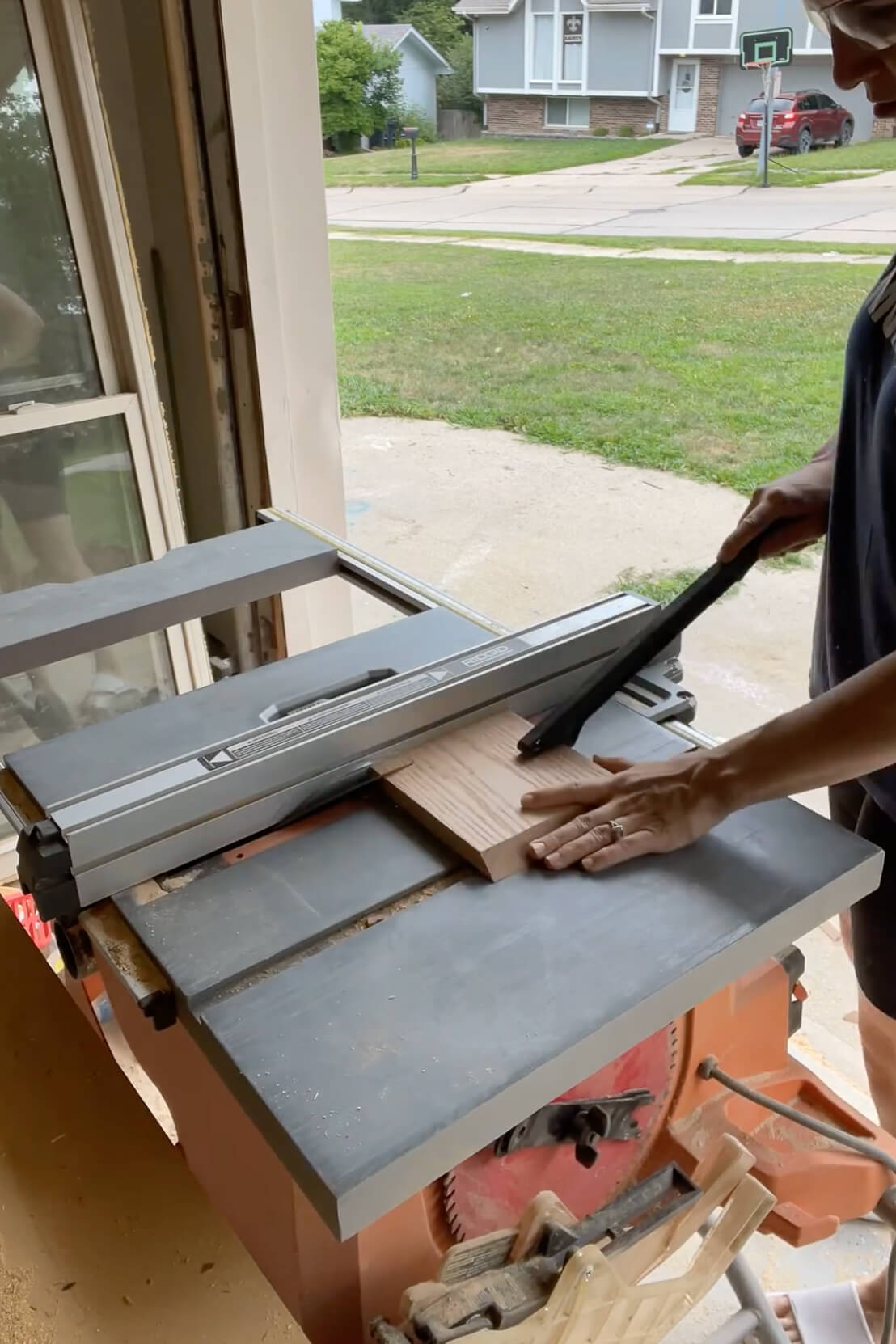 Making a faux beam fireplace mantel.